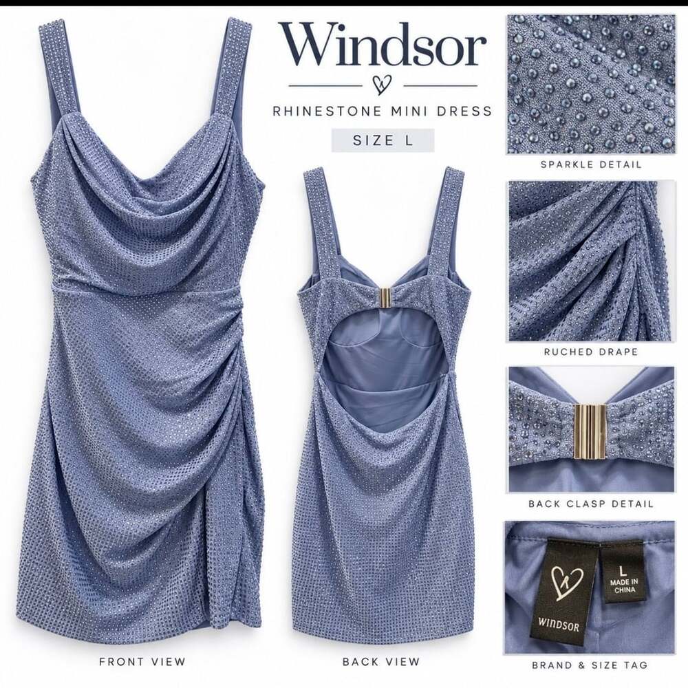 Windsor Blue Rhinestone Lurex Mini Dress Size Large Ruched Cowl Neck